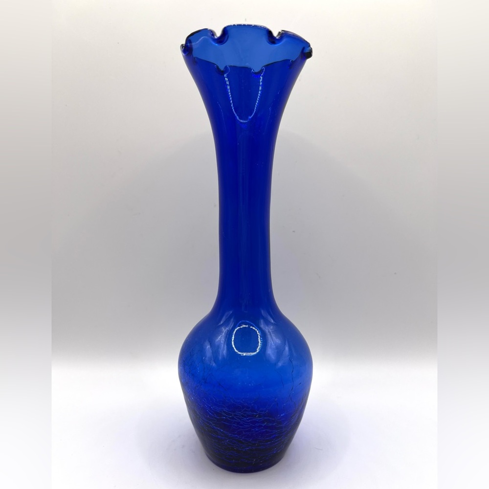 Vintage Cobalt Blue Ruffled Edges Bud Vase Crackled Glass Bottom 8 in